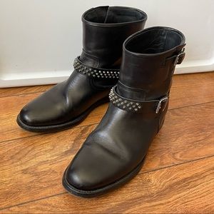 Saint Laurent Black Leather Motorcycle Boots with Studded Straps Perfect Cond